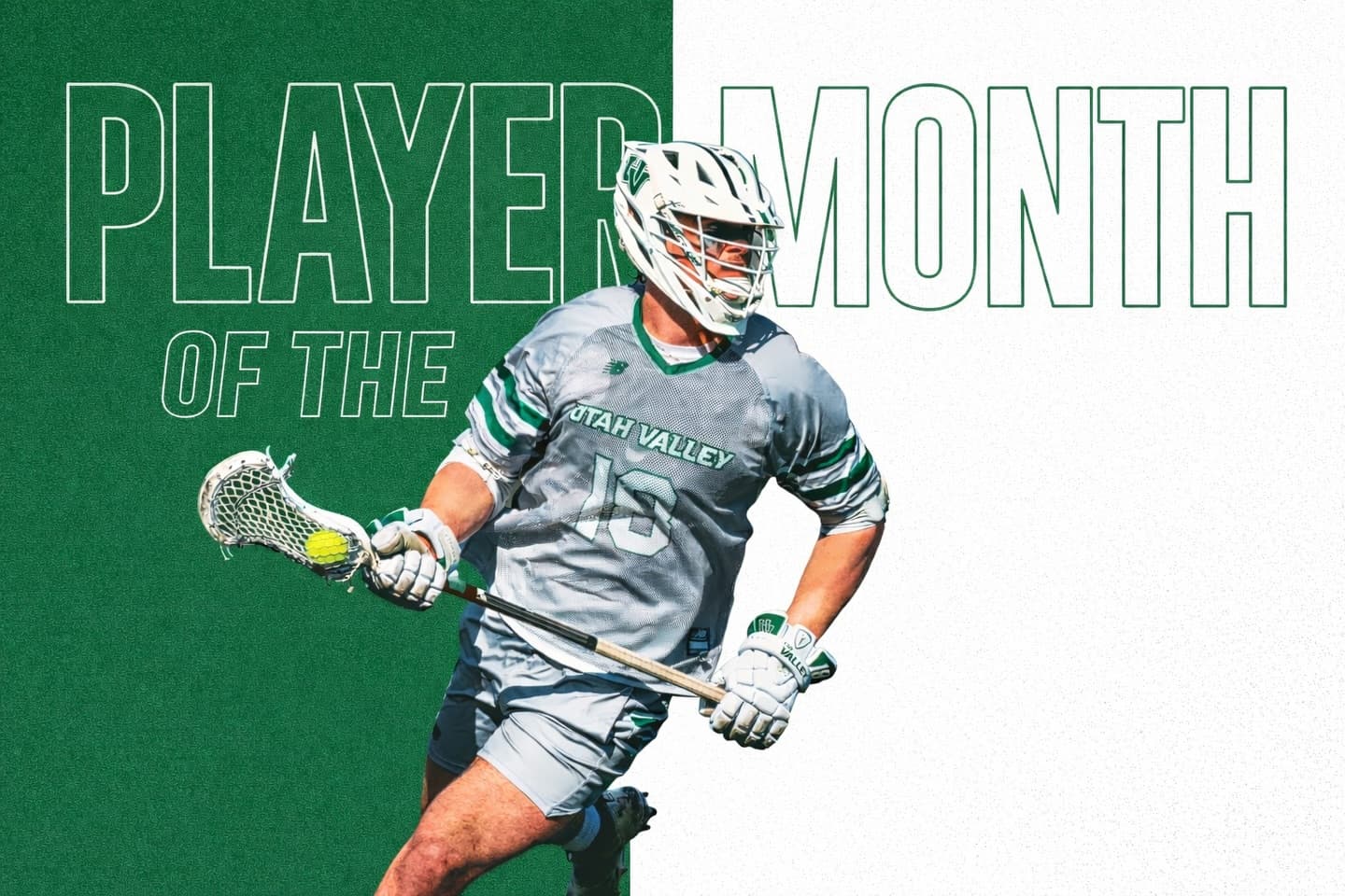 Jake Lundin in Utah Valley lacrosse gear on a Player of the Month graphic.